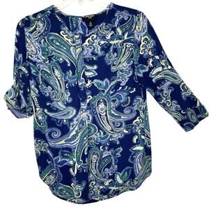 Nine West Jeans Blue Paisley Roll Tab Sleeve 1/2 Button Front Blouse Large